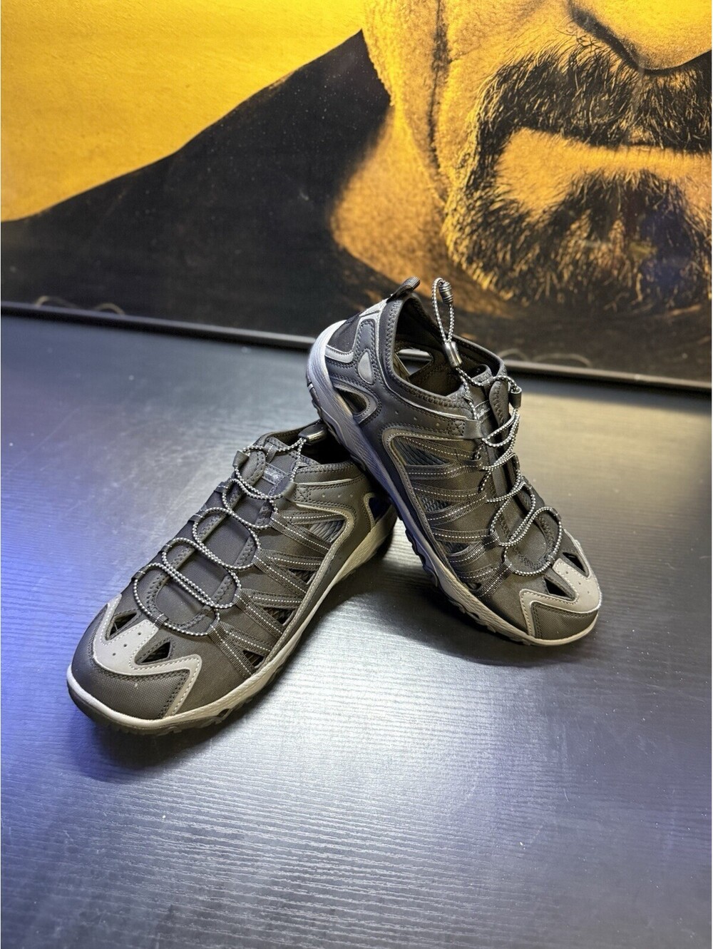 Eddie Bauer Lake Trail Water Sandals Men’s Size 12 Gray Black Bungee Hiking